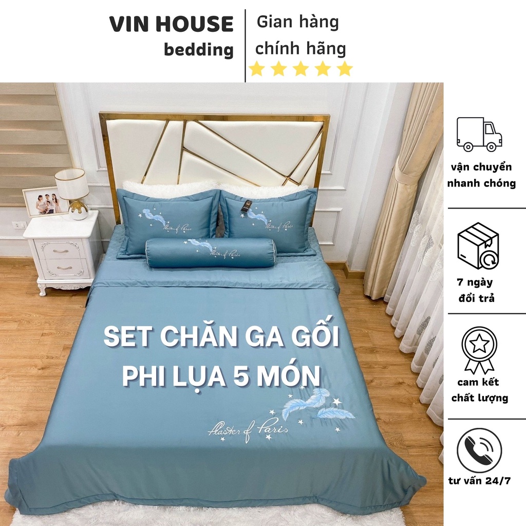 Sét Chăn Ga Gối 5 Món Trần Bông Phi Lụa,Đường Trần Tỉ Mỉ ,Sắc Nét ,Drap Giường Phủ Hoặc Bo Chun