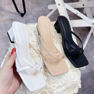 Guốc cao gót nữ xỏ ngón hai dây đế vuông 3 phân sang chảnh