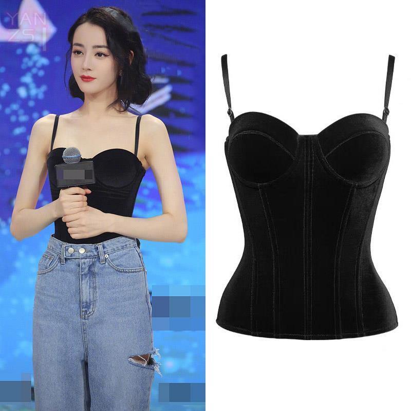 Celebrity Dilireba Áo Hai Dây Ngắn Quấn Ngực Bằng Nhung Đen Quyến Rũ Hợp Thời Trang Cho Nữ