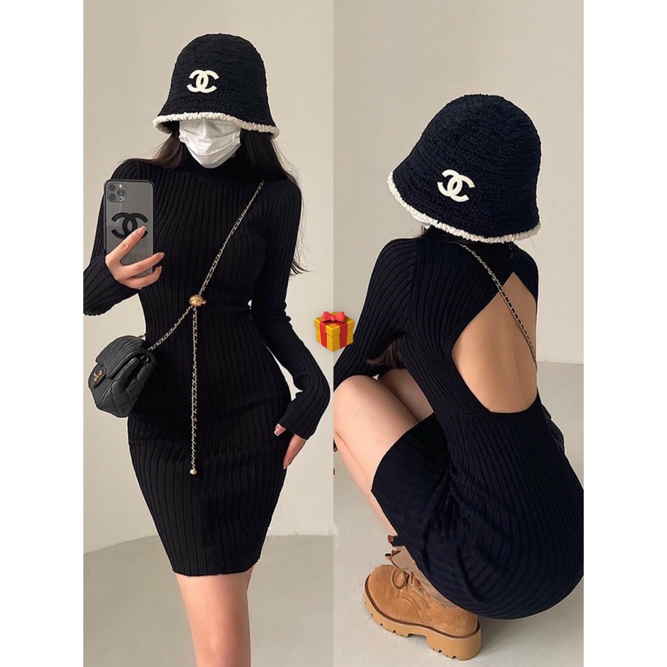 Đầm gân đũa tay dài ôm body hở lưng giọt nước cực hot , chất thun dày dặn