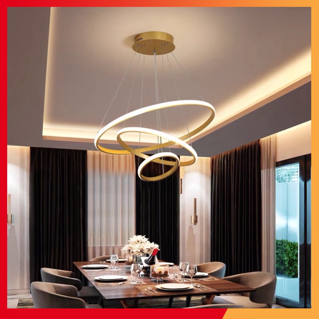 Đèn Chùm Thả 3 Vòng Led 3 màu, khung vàng/đen, đèn trang trí phòng khách hiện đại