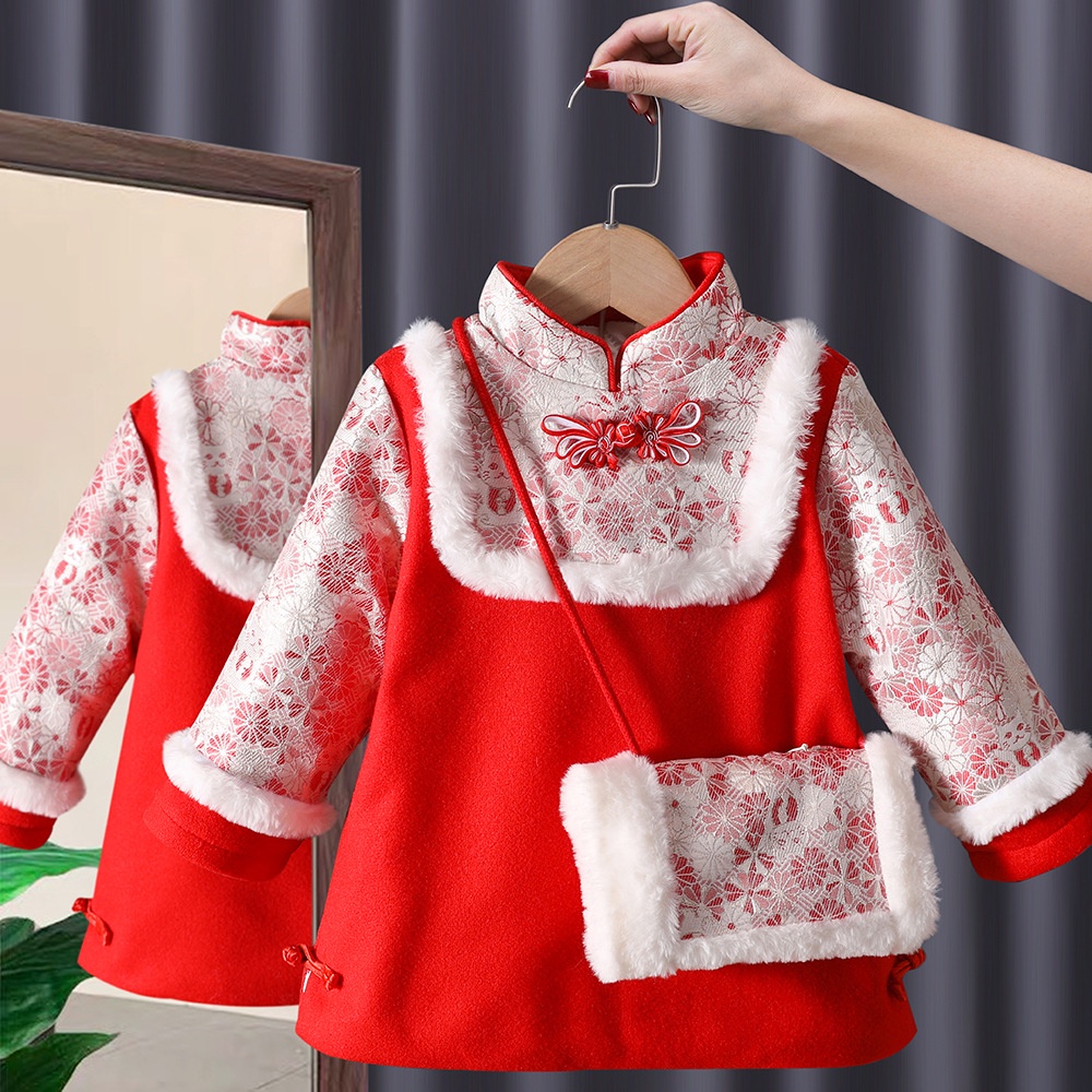 Đầm Sườn Xám May Chần Dày Dặn Phong Cách Trung Hoa Mừng Năm Mới Cho Bé Gái