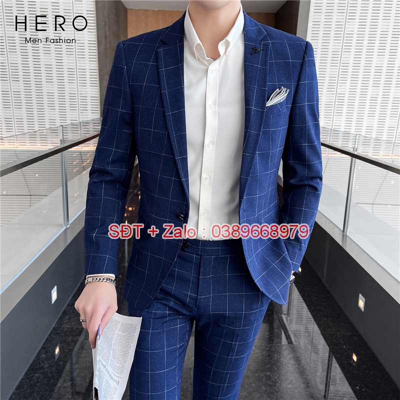 Bộ Vest Nam Cao Cấp kẻ caro màu Xanh, Bộ Suit Nam Hàn Quốc Vải Sịn, Quần Tăng Chỉnh Vòng Bụng