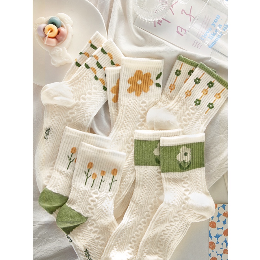 Set 5 Vớ nữ Muzini tất cổ cao họa tiết xanh mát phong cách bánh bèo hàn quốc cute TN62