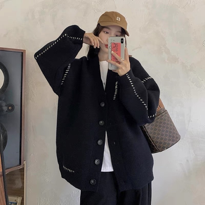 Áo Len dáng dài quảng châu, áo khoác cardigan nữ móc chỉ 2 bên tay màu đen trắng