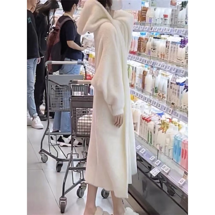 Set Áo Khoác cardigan Có Nón Màu Trắng Và Đầm Dệt Kim Thời Trang Thu Đông Hàng Mới 2022