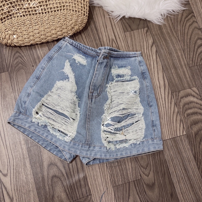 (Hình thật sản phẩm )quần giả váy jeans lưng cao rách cá tính