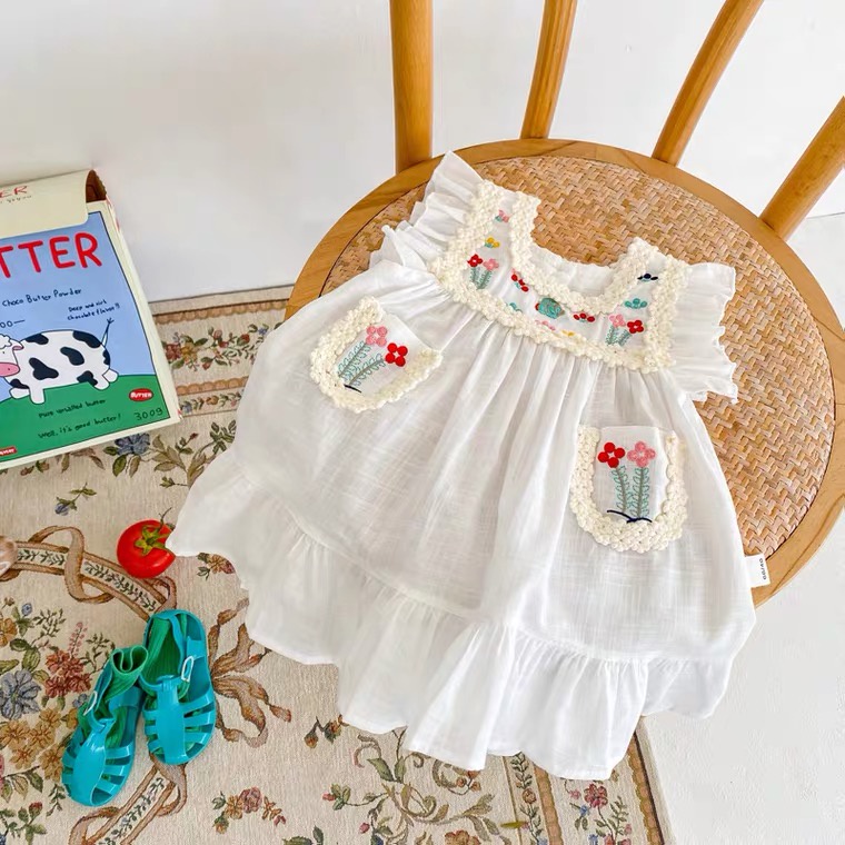 Babyfair Đầm Bé Gái Cotton Không Tay Thêu Thoáng Khí Mùa Hè Có Ren Viền Cho 1 Tuổi Tập Đi