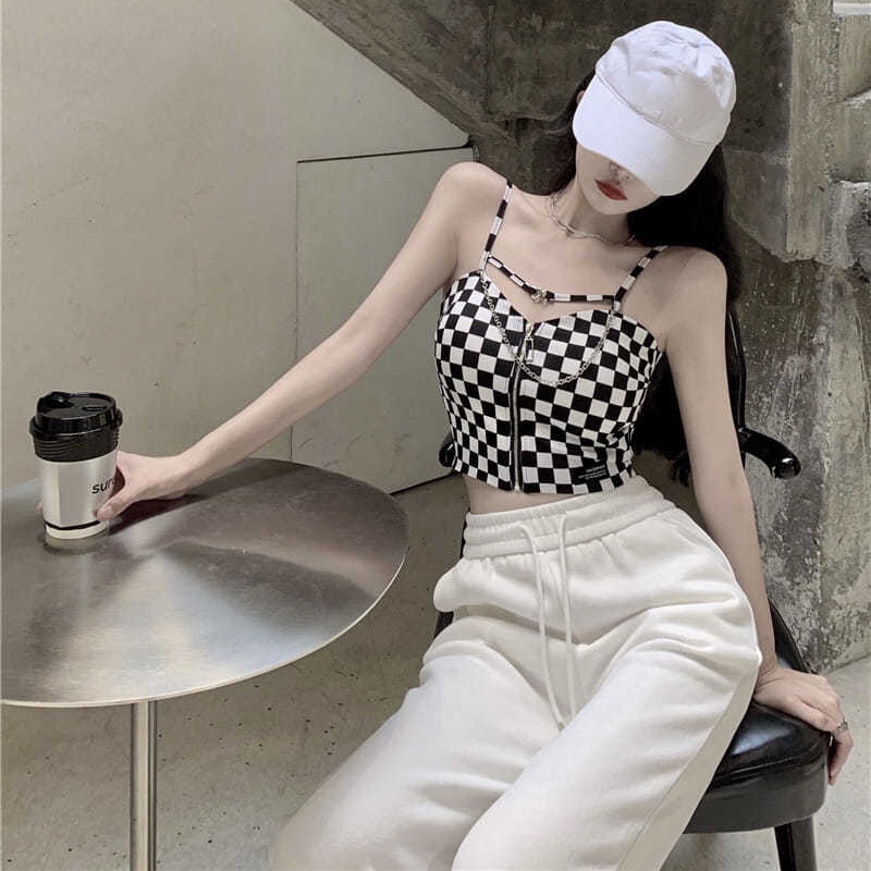 Áo Hai Dây Khóa Kéo Họa Tiết Sọc Caro Thời Trang Cho Nữ