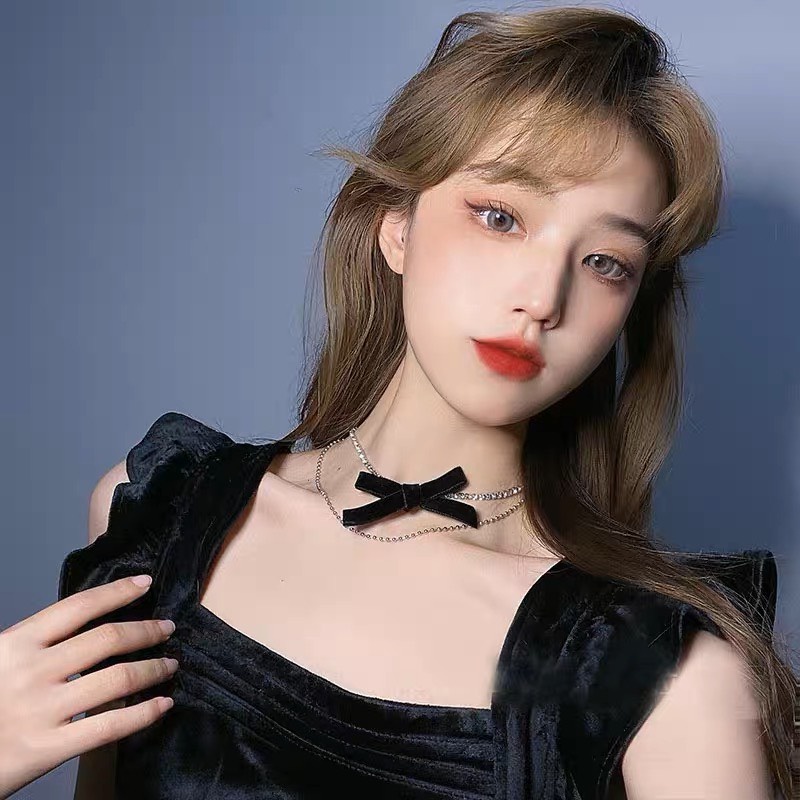 Dây chuyền choker 2 tầng đính nơ vải nhung nữ tính