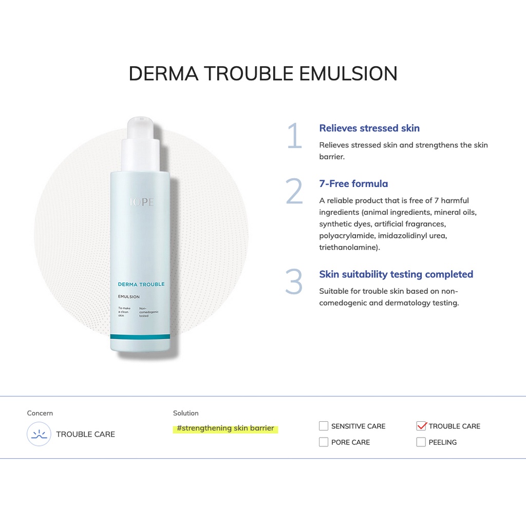 IOPE Derma Trouble Cleanser / Toner / Emulsion, Derma Repair Cica Cream / 0 Mask - Suitable For Acne Skin, Sensitive / Trouble Skin