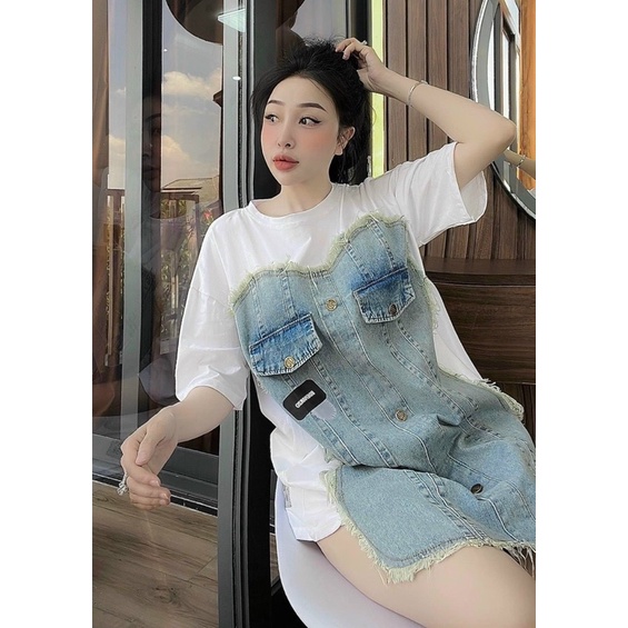 Áo thun phối denim bigsize