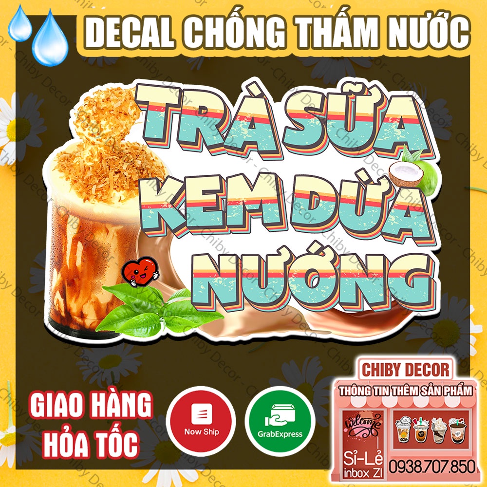 Decal Trang Trí Quán Trà Sữa Kem Dừa Nướng Vintage 🌈 Hình Dán Ly Trà Sữa, Sticker Chống Nước, Cắt Sẵn, Chống Nắng