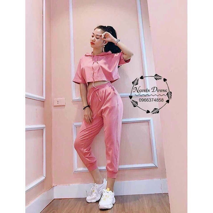 (Sale FreeShip) Sét bộ thể thao nữ,bộ thun da cá from croptop tay ngắn có nón,quần ống bo có túi