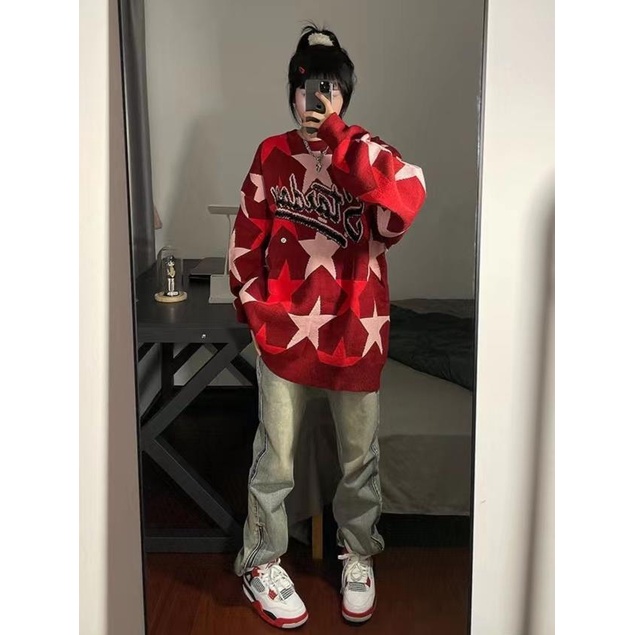 Áo Sweater Dệt Kim Cổ Tròn Dáng Rộng In Hình Ngôi Sao Thời Trang Thu Đông Hàn Quốc Cho Nữ