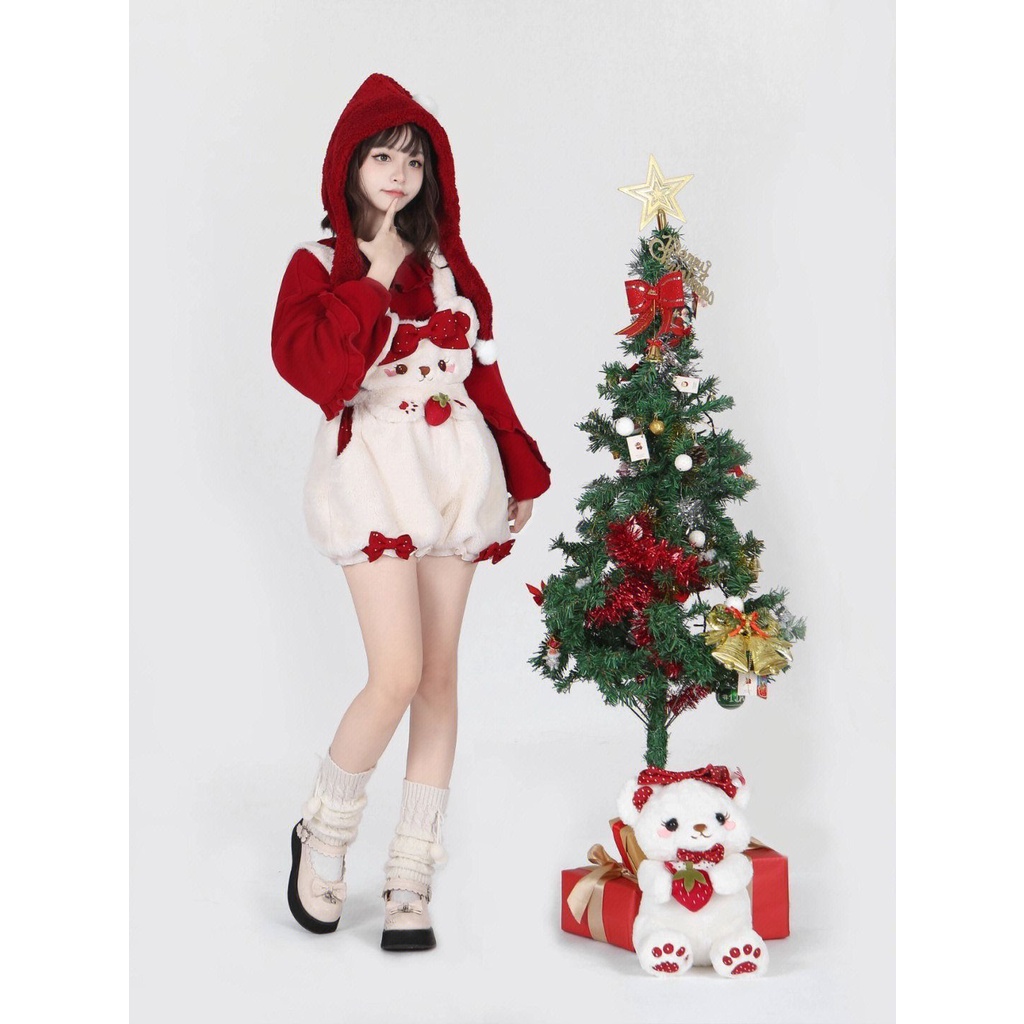 Set Áo Thun Dài Tay In Hình Dâu Tây + Quần Yếm Dễ Thương Cho Nữ