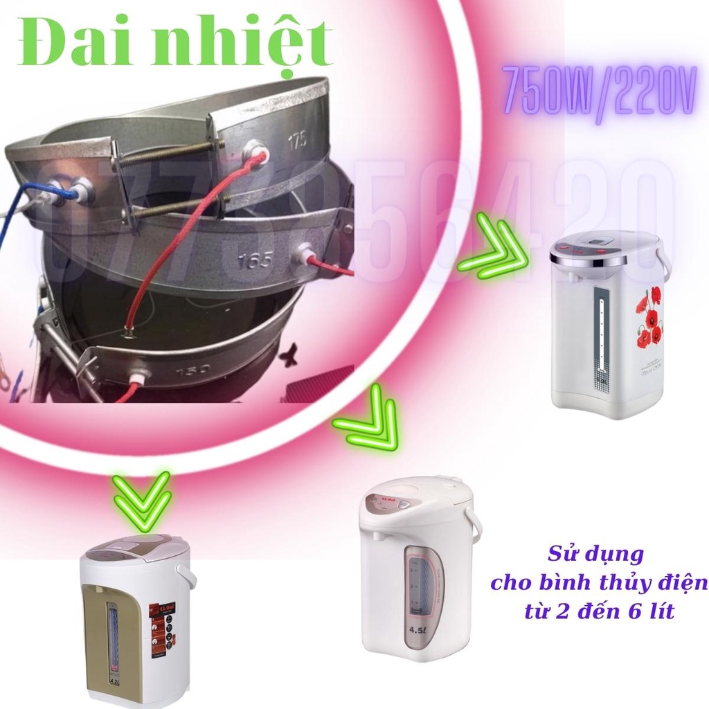 Vòng trở nhiệt bình thủy điện từ 2 đến 6 lít, đai bằng kìm loại có giữ ấm, mai so 750w dùng cho các loại phích điện