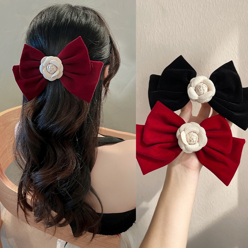Kẹp Tóc Hình Nơ Hoa Hồng Lớn Bằng Vải Nhung Thời Trang Ngọt Ngào Chất Lượng Cao Cho Nữ