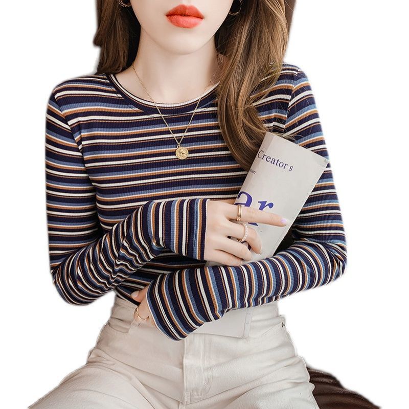 Áo Thun Tay Dài Dáng Ôm Họa Tiết Kẻ Sọc Màu Sắc Tương Phản Thời Trang Xuân Thu  Có Size Lớn Cho Nữ