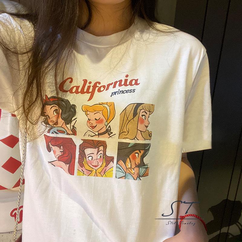 Áo Thun Tay Ngắn Cổ Tròn In Họa Tiết Hoạt Hình Và Chữ CY03 Dành Cho Nữ