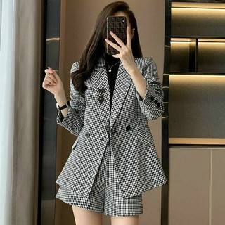 Sét bộ áo khoác dạ cổ vest họa tiết ziczac phong cách Hàn Quốc kèm quần