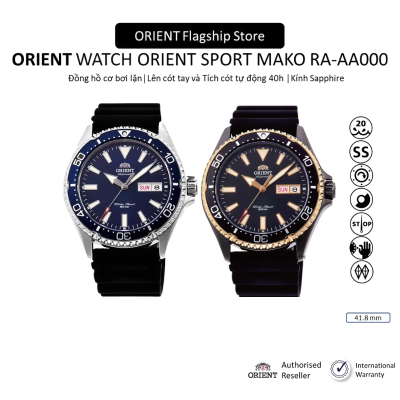 Đồng hồ nam Orient Watch Sport Mako RA-AA000 máy cơ automatic mặt kính sapphire chống xước dây Silicone thể thao bơi lặn