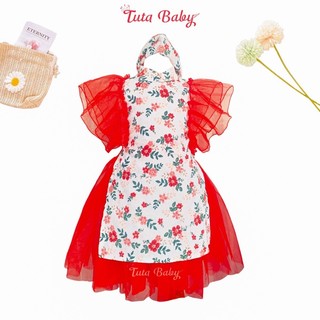 Áo dài bé gái cách tân dạ hoa trắng phối lưới đỏ nổi bật, áo dài cách tân tết cho bé 2022 -