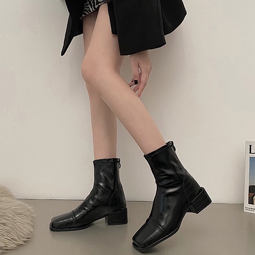 Giày Bốt Ngắn Mũi Vuông Gót Dày Phối Màu Phong Cách Chelsea Thời Trang Cho Nữ