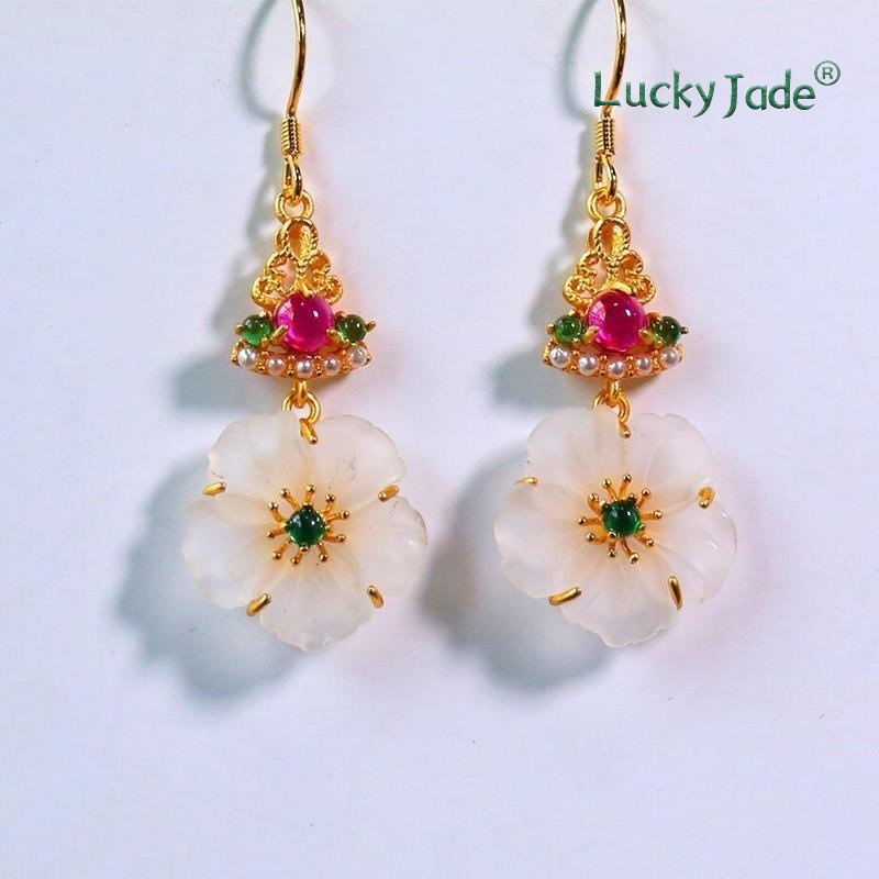 Bông Tai Mạ Bạc 925 Hình Hoa Đính Ngọc Bích Trắng Phong Cách Dân Tộc