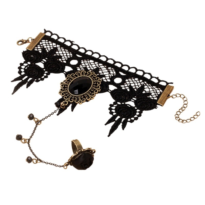 Vòng Đeo Tay Vải Ren Màu Đen Kèm Nhẫn Phong Cách Gothic Punk Cổ Điển