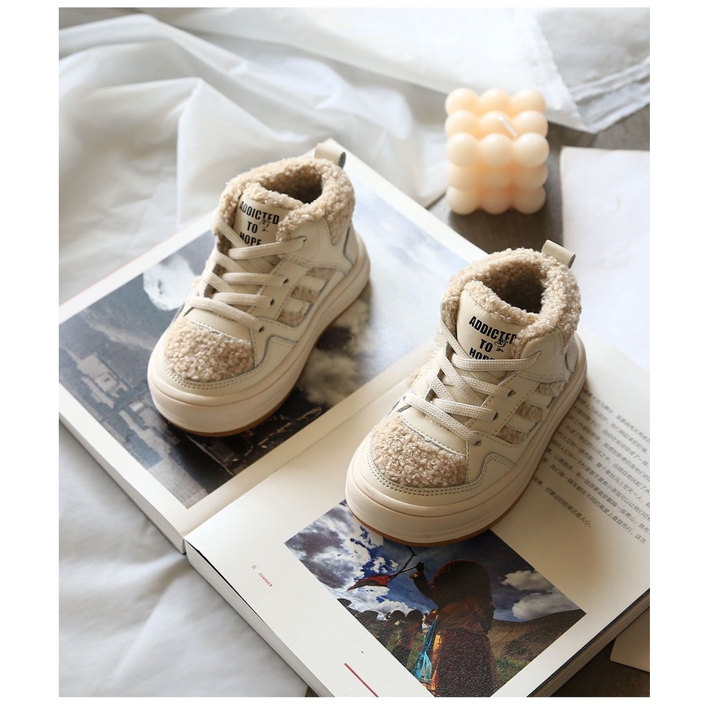Giày Bốt Cotton Phối Lông Cừu Dễ Thương Cho Bé