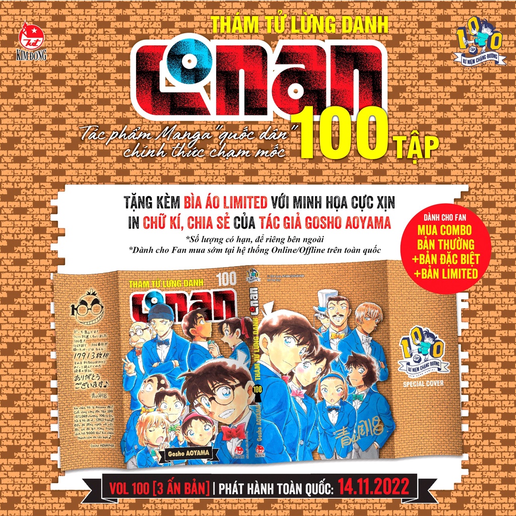 Truyện tranh - Combo Conan Tập 100 - Bản thường + Đặc biệt + Limited - Tặng kèm bìa áo Limited + Poster - Thám tử lừng d