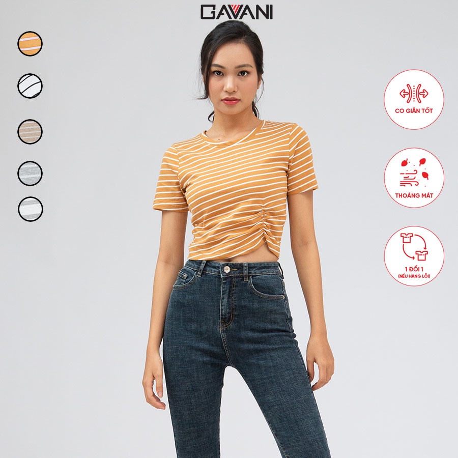 Áo thun nữ croptop cổ tròn ôm, tay ngắn và nhún thun lai áo_Gavani_STRIPE COLOUR 3