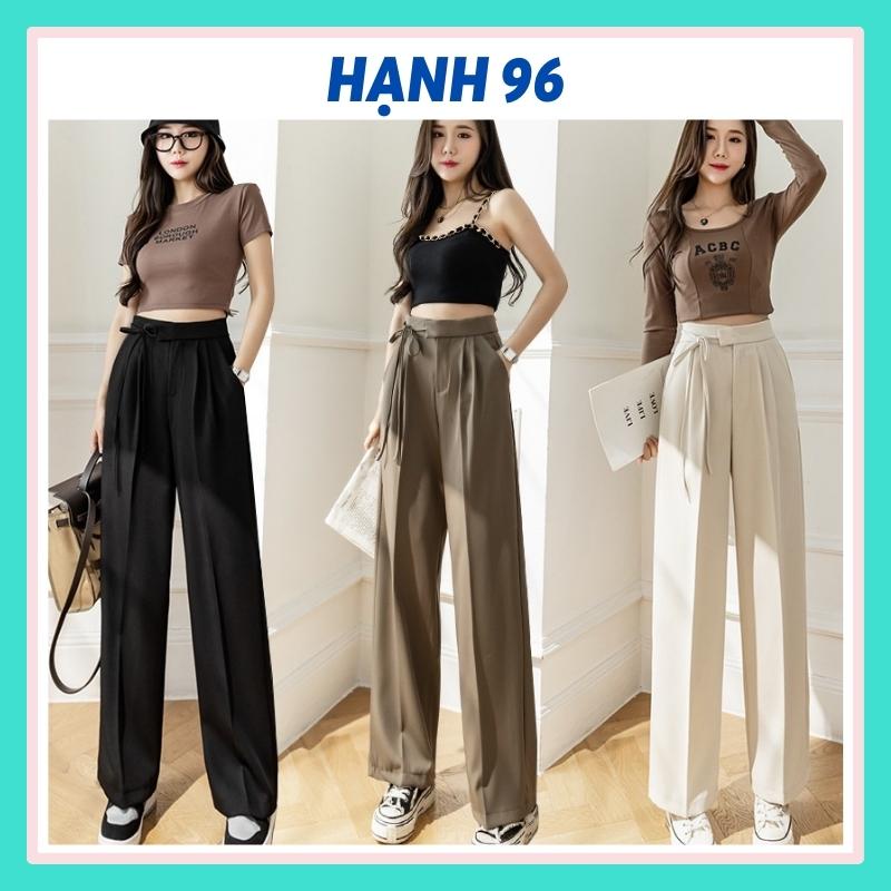 Quần ống rộng cạp cao dáng suông nữ lưng thun thắt nơ công sở đi học HẠNH 96