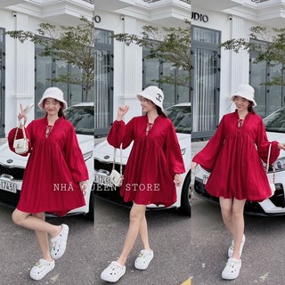 Đầm BBD form rộng tay dài cổ V phối bèo cột dây nơ tay có bo chun freesize Pumi