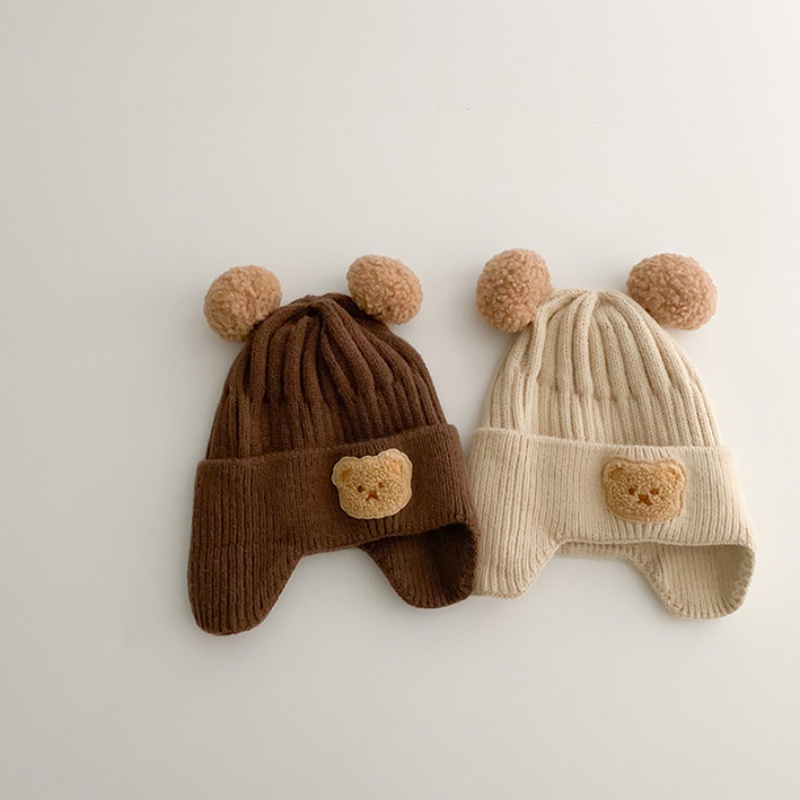 Mũ Len Dệt Kim Dày Dặn Giữ Ấm Tai Gấu Dễ Thương Cho Bé