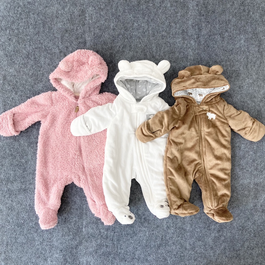 Body nỉ bông cho bé sơ sinh đến 9 tháng hàng xuất dư Carters chất lông mịn khóa kéo nón gấu - SLTE