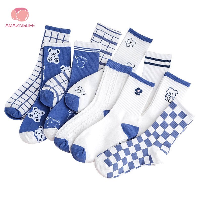 Vớ Họa Tiết Sọc Caro / Gấu Hoạt Hình Phong Cách Harajuku Thời Trang Cho Nữ