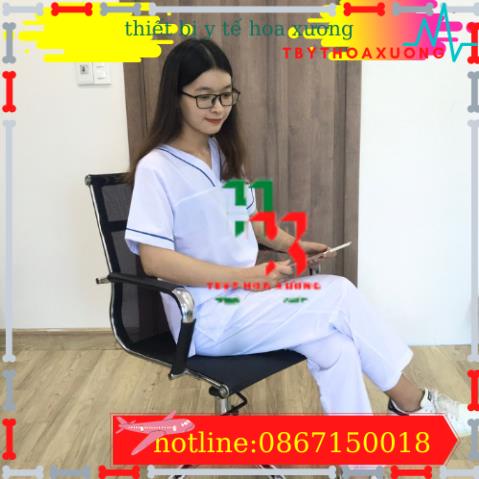 Bộ blouse cổ tim viền XANH DƯƠNG nam nữ cộc tay - bộ scrubs kỹ thuật viên cho điều dưỡng, dược sỹ, y tá, bác sĩ