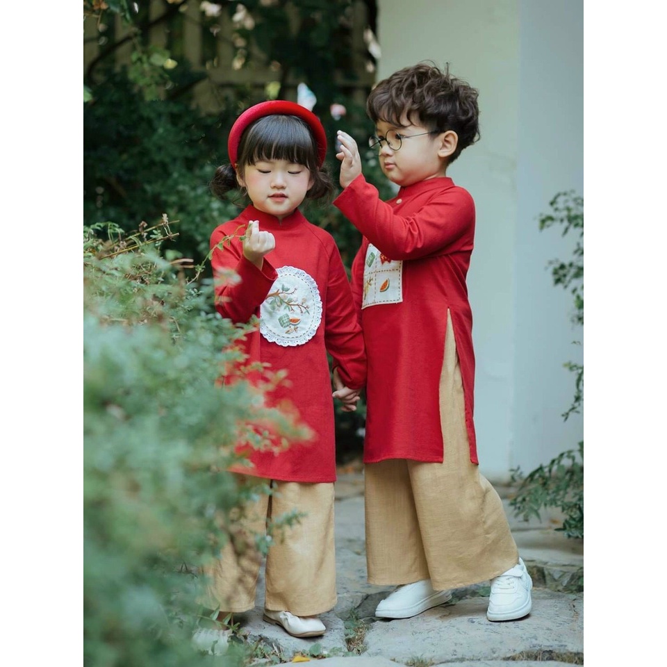 Áo Dài Đôi Tết Bé Trao Bé Gái Áo Dài Tết Cách Tân Chất Lụa Linen Mềm Mịn Mướt Tay Họa Tiết Thêu Sắc Nét Kèm Quần Lụa