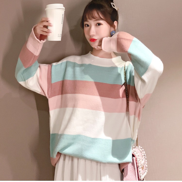 Áo Sweater Dáng Rộng Họa Tiết Kẻ Sọc Màu Cầu Vồng Phong Cách Mới 2020 Dễ Phối Đồ
