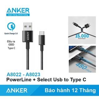 Cáp dù anker powerline usb a to type c sạc nhanh quick charge 15w androi samsung - a8022 a8023 a8173 no box