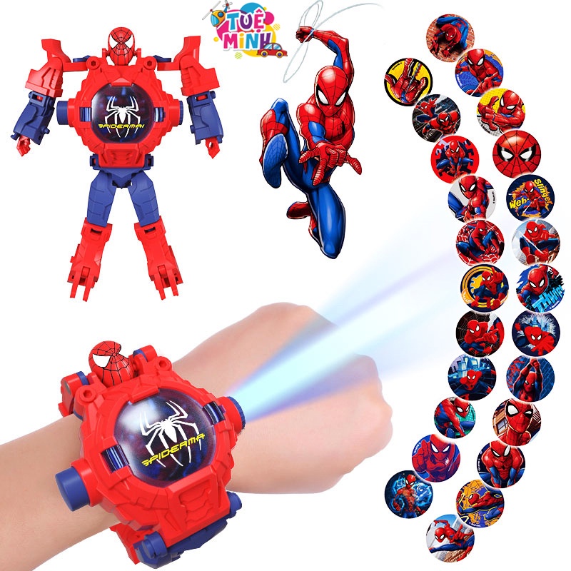 Đồng Hồ Biến Hình Spiderman, Iron Man, Caption American, Bat Man, Đồng Hồ Đeo Tay Chiếu Hình 24 Hình Xịn Cho Bé