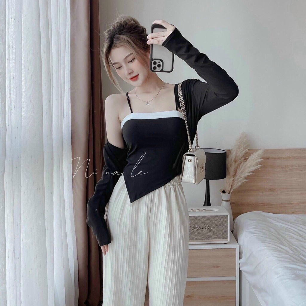 Set bộ 3 món áo hai dây chiếc lá, áo khoác thu croptop, quần ống rộng suông màu trắng - đồ bộ quần ống rộng dài mẫu mới