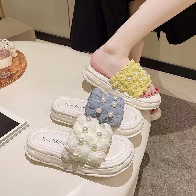 Giày Sandal Đế Dày Chống Trượt Đính Ngọc Trai Thời Trang Hàn Quốc Dành Cho Nữ