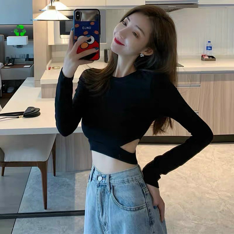 Áo kiểu tay dài croptop khoét 2 bên eo trơn cực hot , chất thun bozip dày dặn mềm mịn