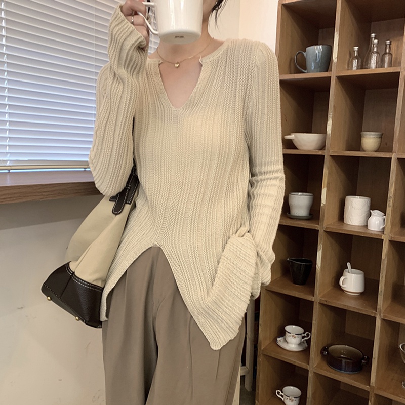 Áo Sweater Dệt Kim Tay Dài Cổ Chữ V Màu Sắc Đơn Giản Cho Nữ