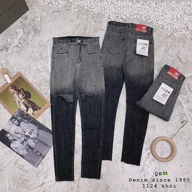 Set jeans dài lưng cao đen rách 3line+ crop petter phối viền