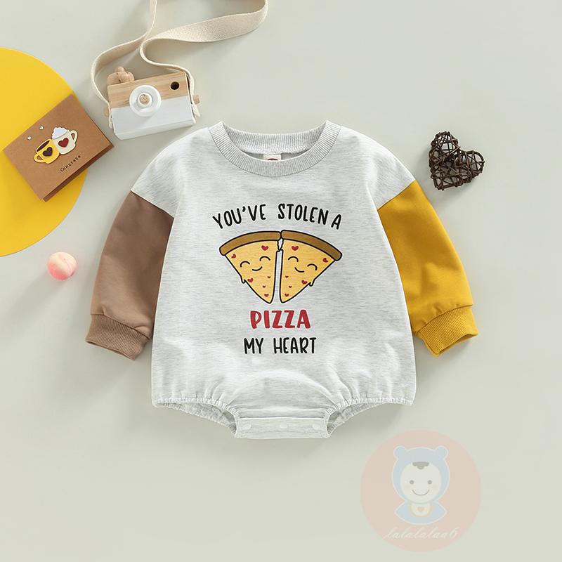 Laa6-áo Liền Quần Dài Tay In Chữ Pizza Ngày Thiếu Nhi Cho Bé Sơ Sinh