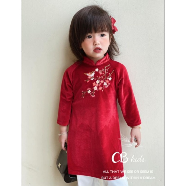 Áo dài cách tân bé gái thêu hoa chất nhung mềm mại 2 chi tiết